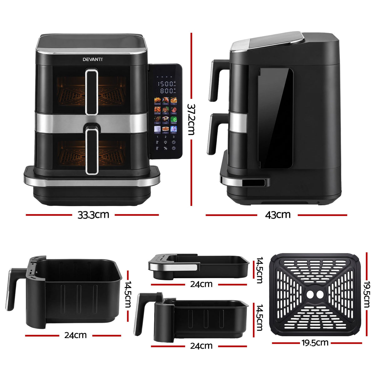 Devanti 12L Air Fryer Dual Basket Stacked 10 Inch Pizza Maker 2800W Touch Black