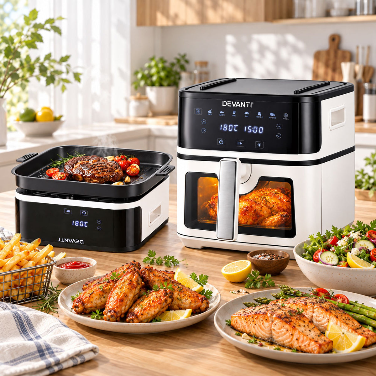 Devanti 8L Air Fryer BBQ Grill 2-in-1 Flip 1650W Touch Control Oil Free White