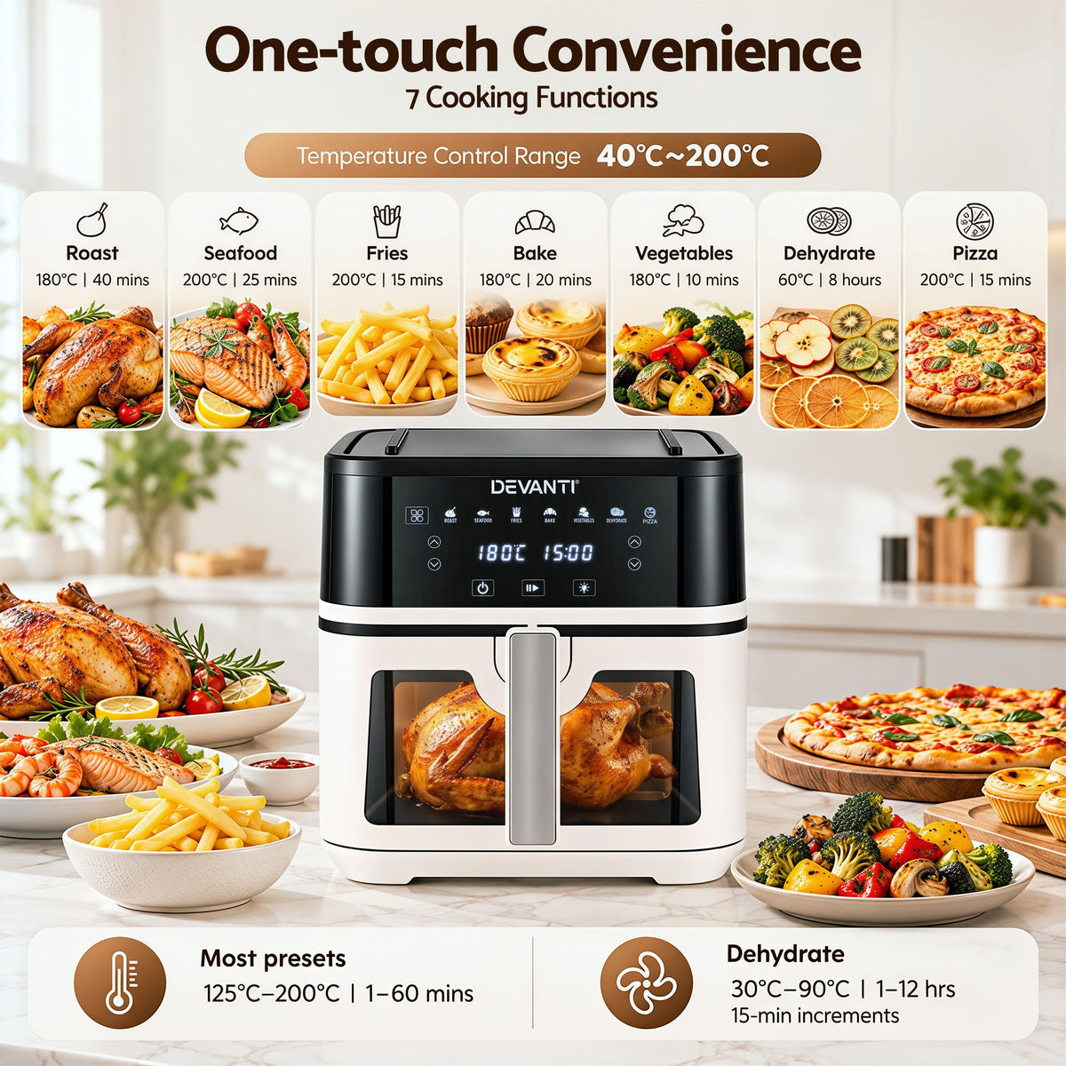 Devanti 8L Air Fryer BBQ Grill 2-in-1 Flip 1650W Touch Control Oil Free White