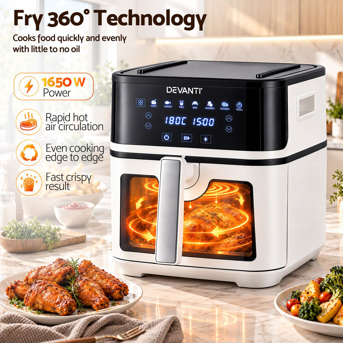 Devanti 8L Air Fryer BBQ Grill 2-in-1 Flip 1650W Touch Control Oil Free White