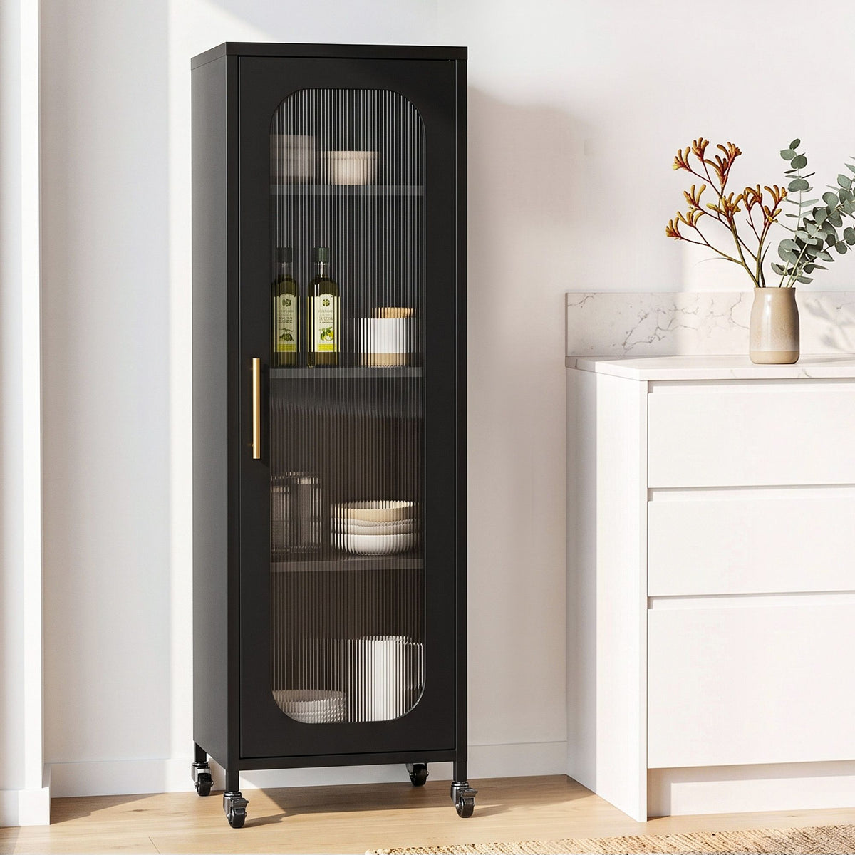 Artiss Buffet Cabinet Sideboard Slim Fluted Kitchen Storage Trolley Wheels Black