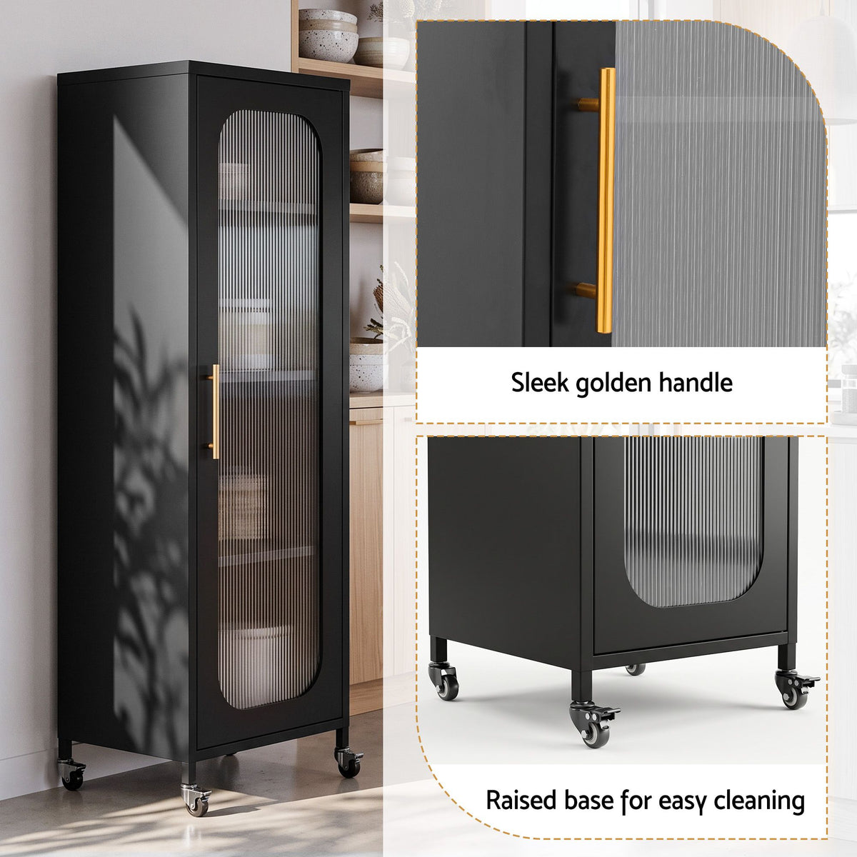 Artiss Buffet Cabinet Sideboard X2 Slim Kitchen Storage Trolley Wheels Black