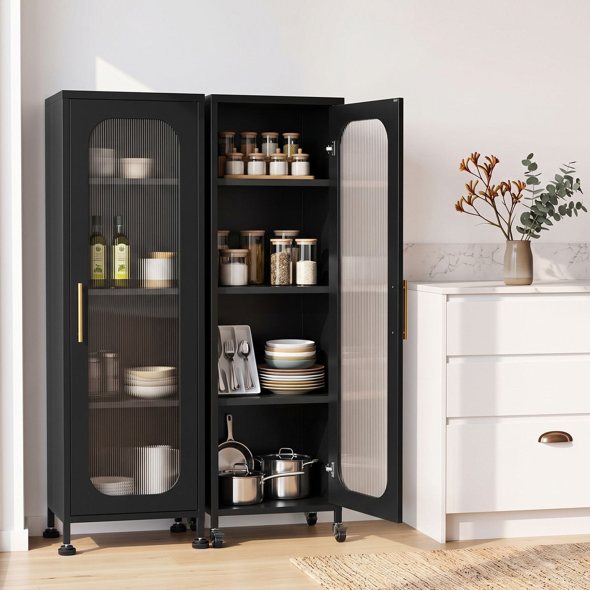 Artiss Buffet Cabinet Sideboard X2 Slim Kitchen Storage Trolley Wheels Black