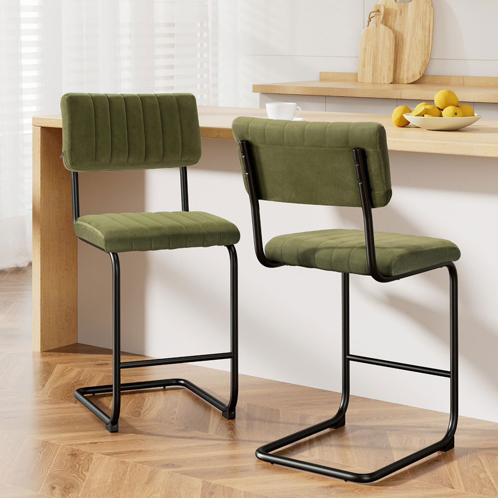 2x Bar Stools C Legged Soft Velvet Green & Black