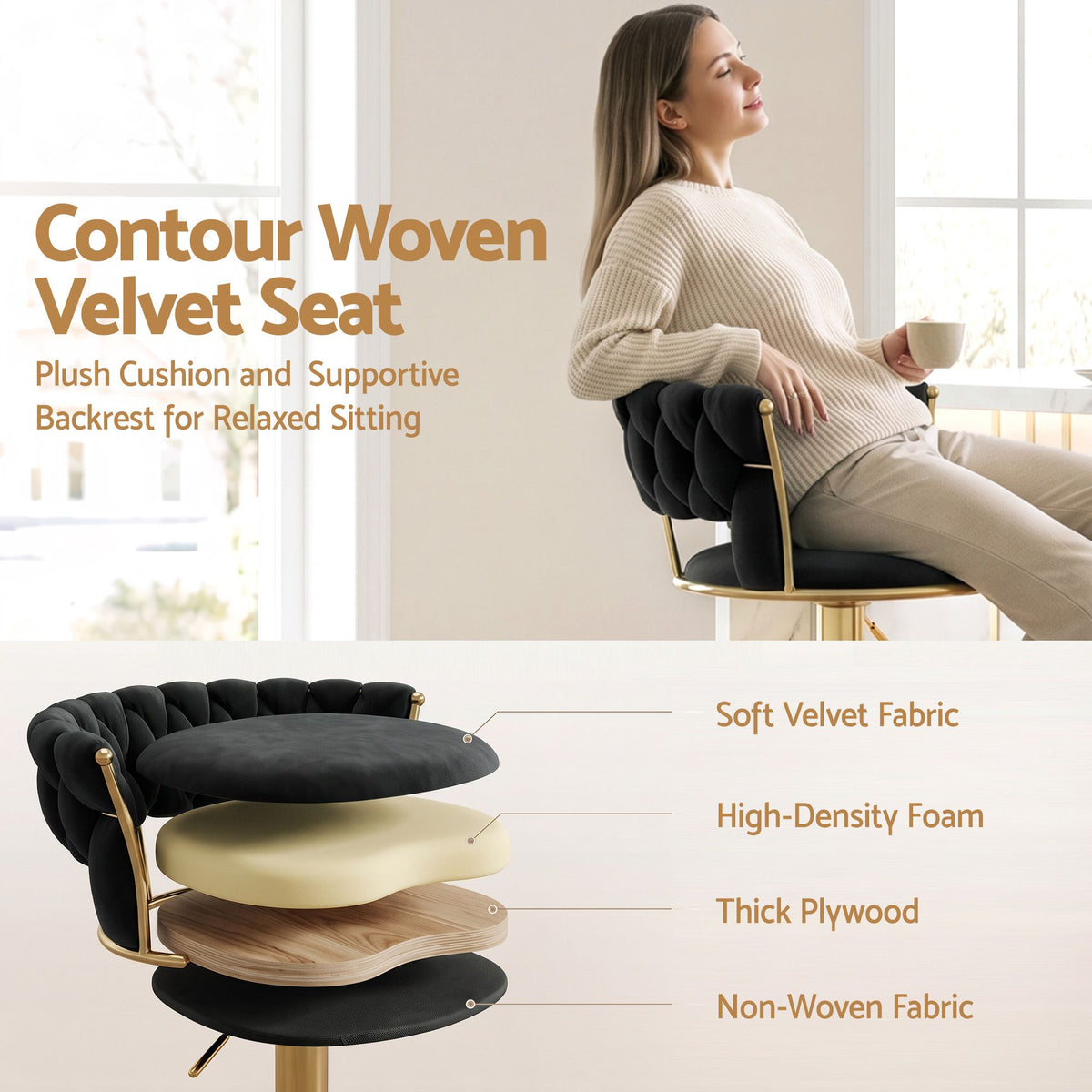 Artiss 2x Bar Stools Gas Lift Adjustable Velvet Woven Backrest Vivien Black