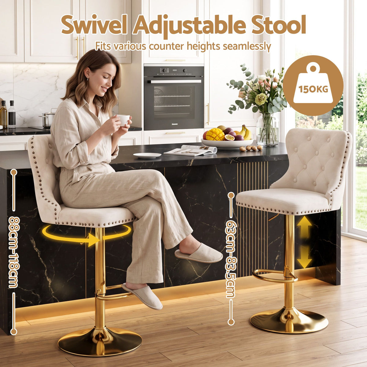 Artiss 3x Bar Stools Counter Chair Kitchen Adjustable Nailhead Trim Velvet Ivory