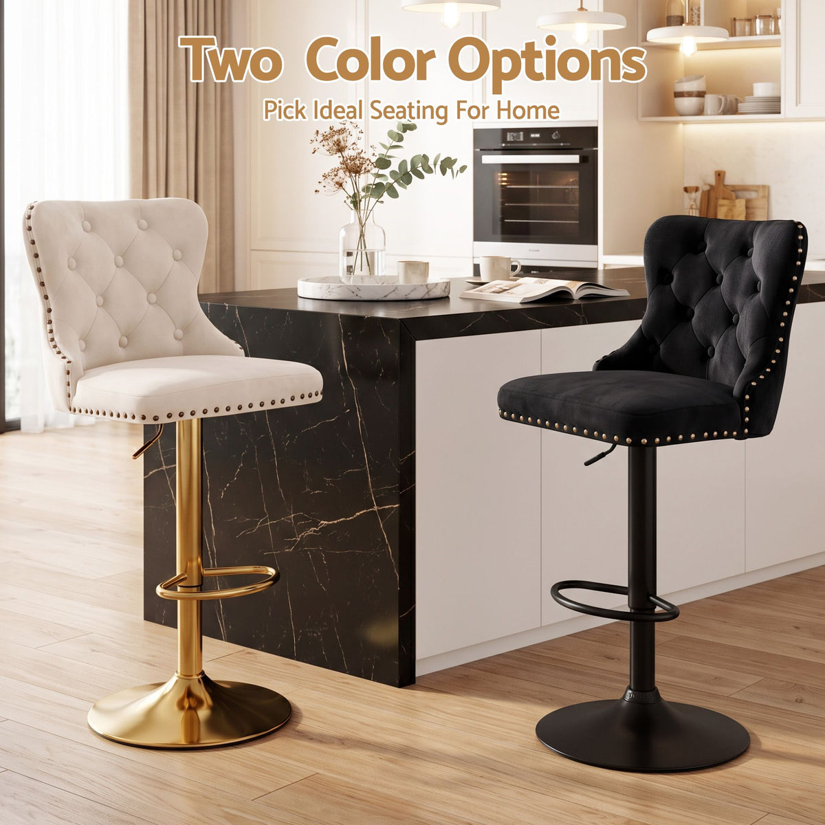 Artiss 3x Bar Stools Counter Chair Kitchen Adjustable Nailhead Trim Velvet Ivory