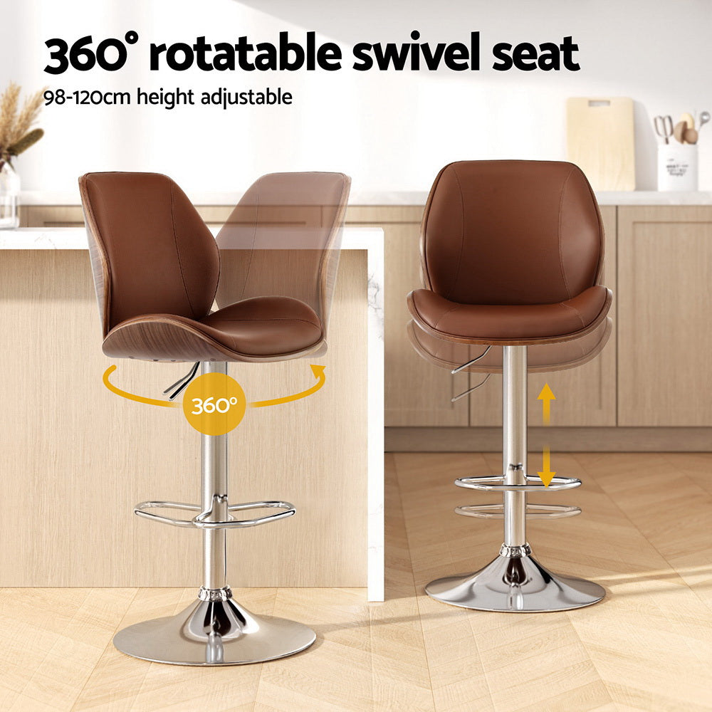Artiss 4X Bar Stools Bentwood Adjustable Kitchen Counter Chair Leather Brown