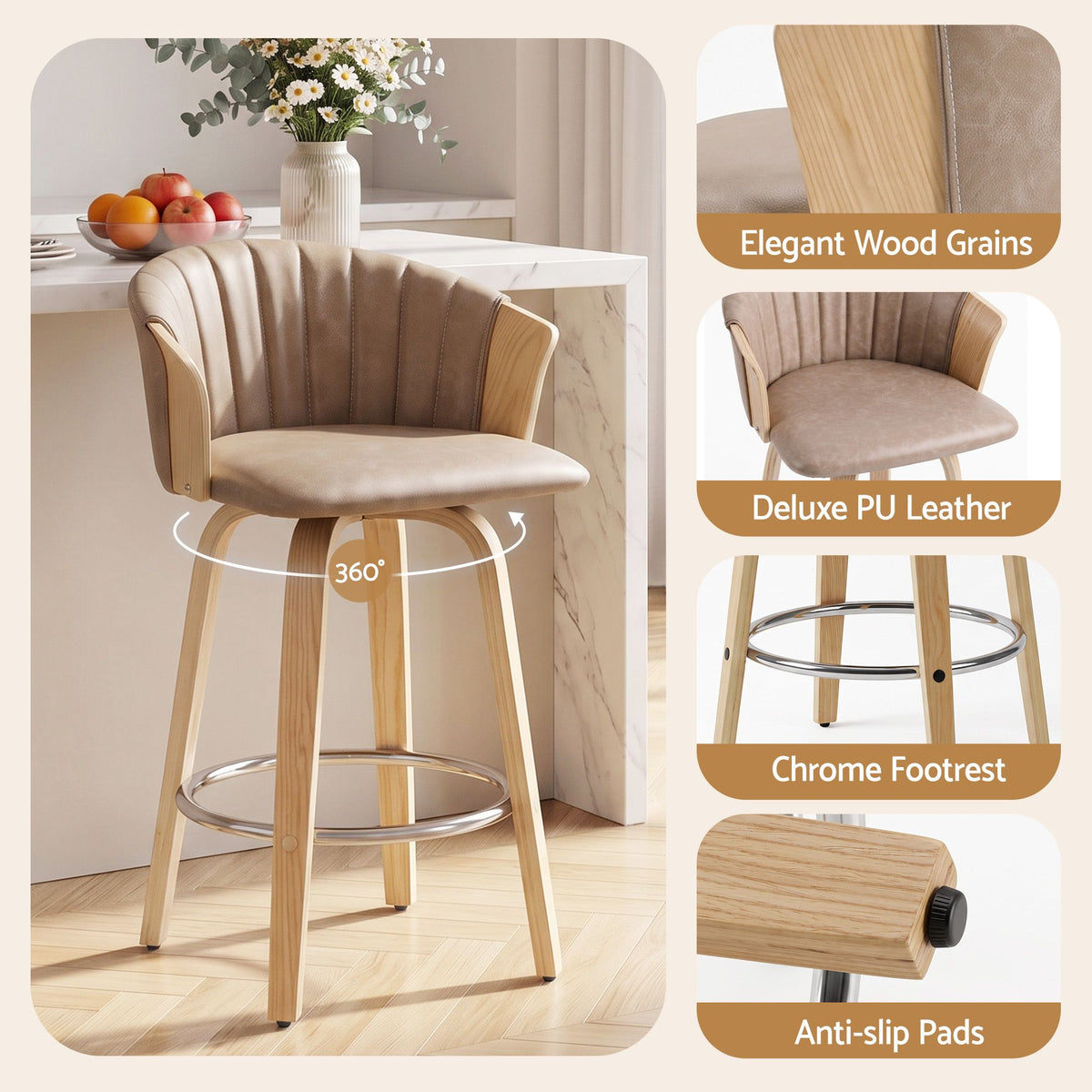 Artiss Wooden Bar Stools Set of 2 Swivel Kitchen Counter Stools Chair 66cm Khaki