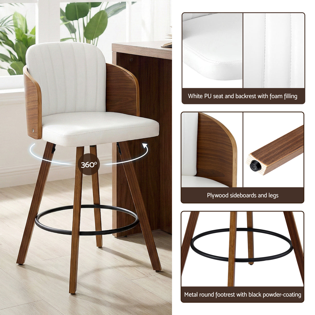 Artiss Wooden Bar Stools Swivel Kitchen Counter Stool Chair 58cm Seat Height