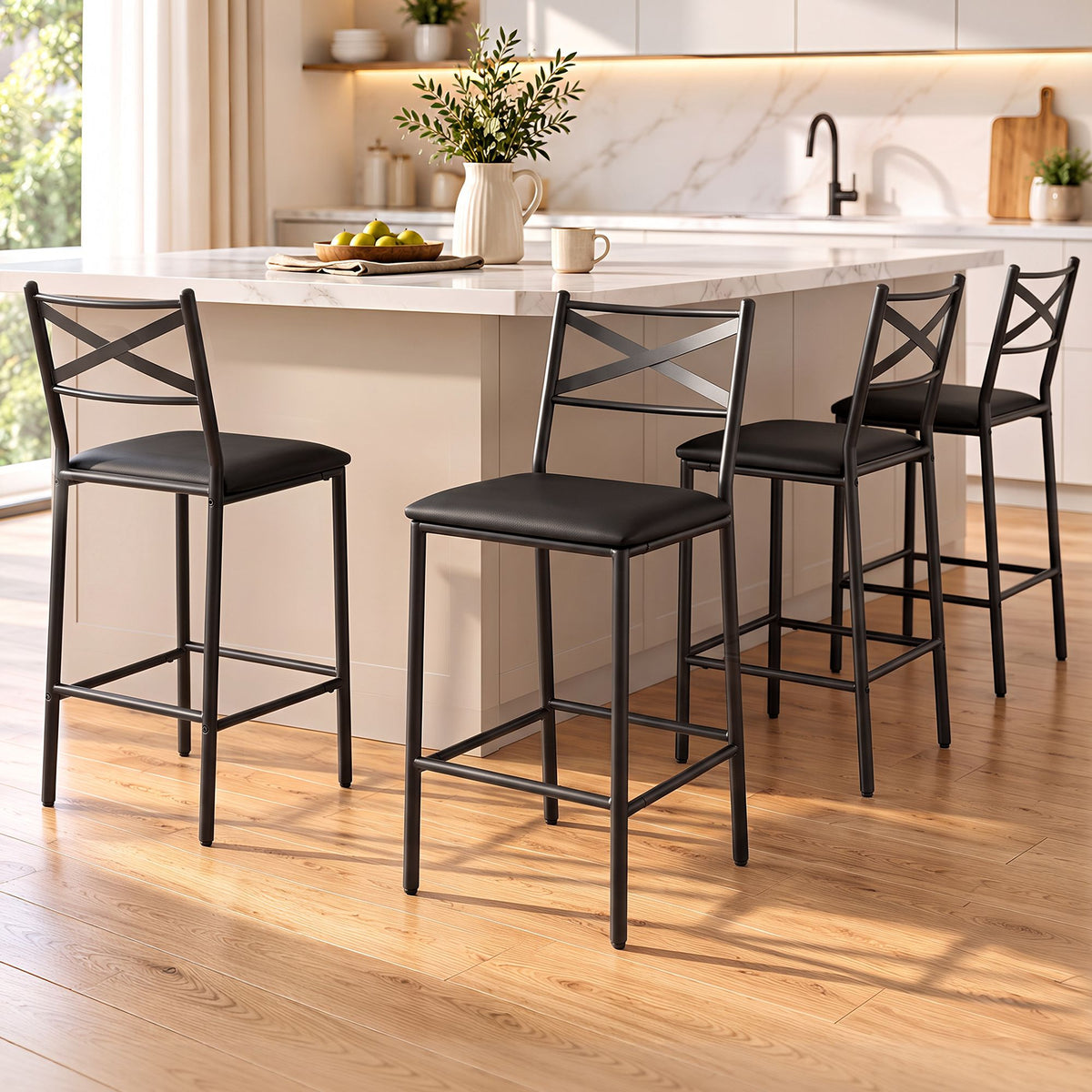 Artiss Bar Stools Set of 4 Counter 66cm Height Stools with Backrest, PU Cushioned Seat, Black