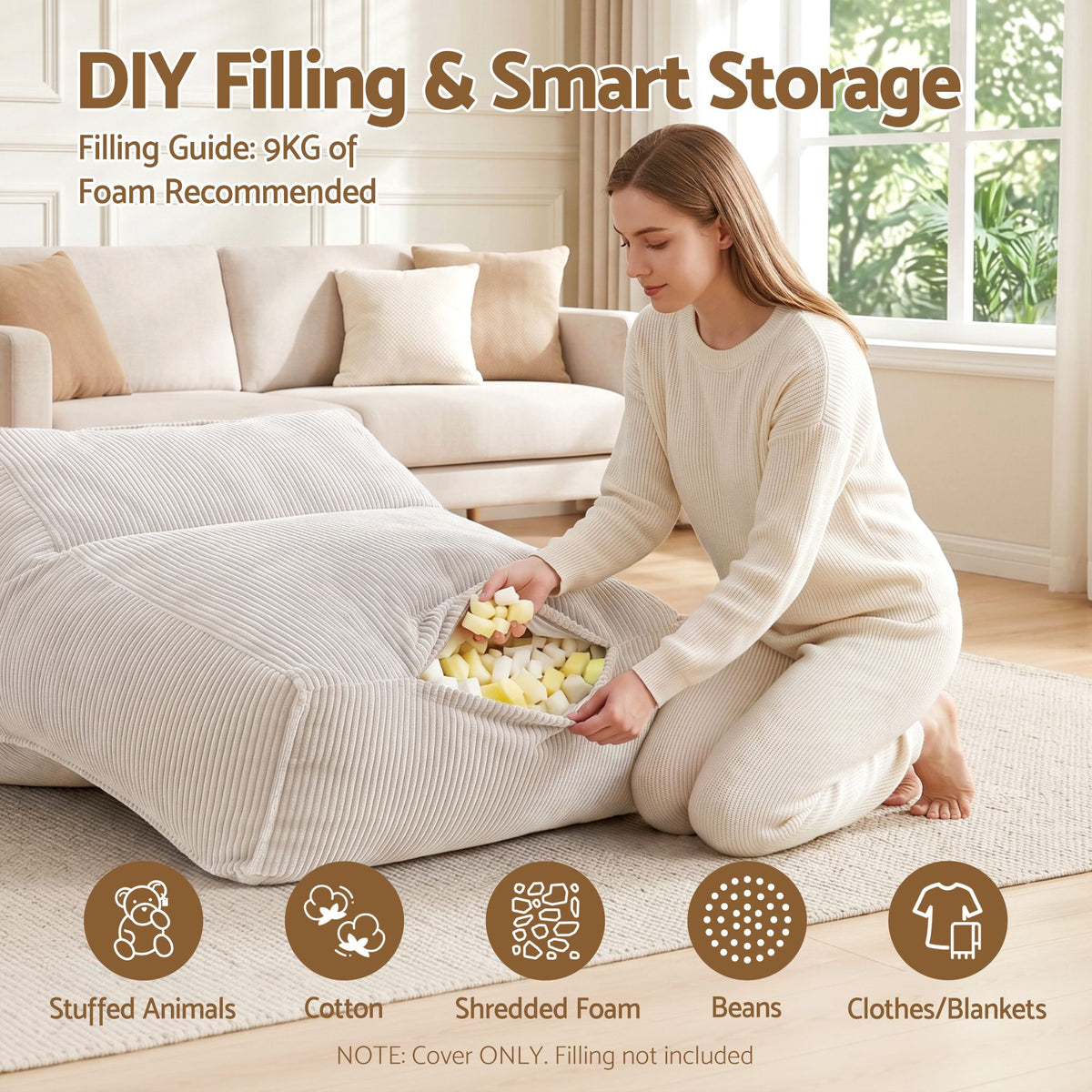 Artiss Bean Bag Chair Cover (No Filler) Soft Corduroy Stuffed Animal Storage Bean Bag Cover for Adults, Washable Lazy Sofa Cover for Living Room Bedroom, Beige