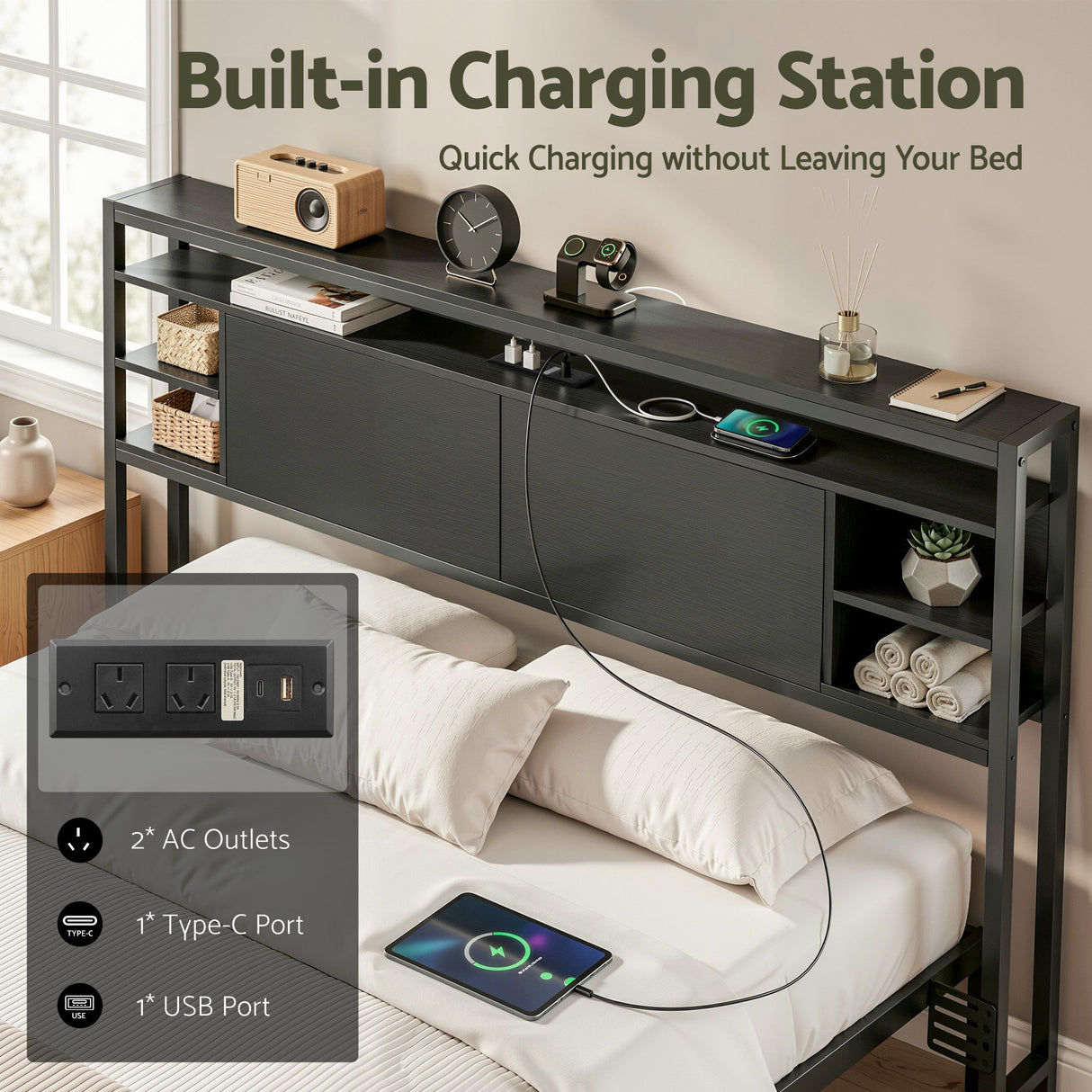 Artiss Bed Headboard Queen Storage Bedhead Charging Station Black
