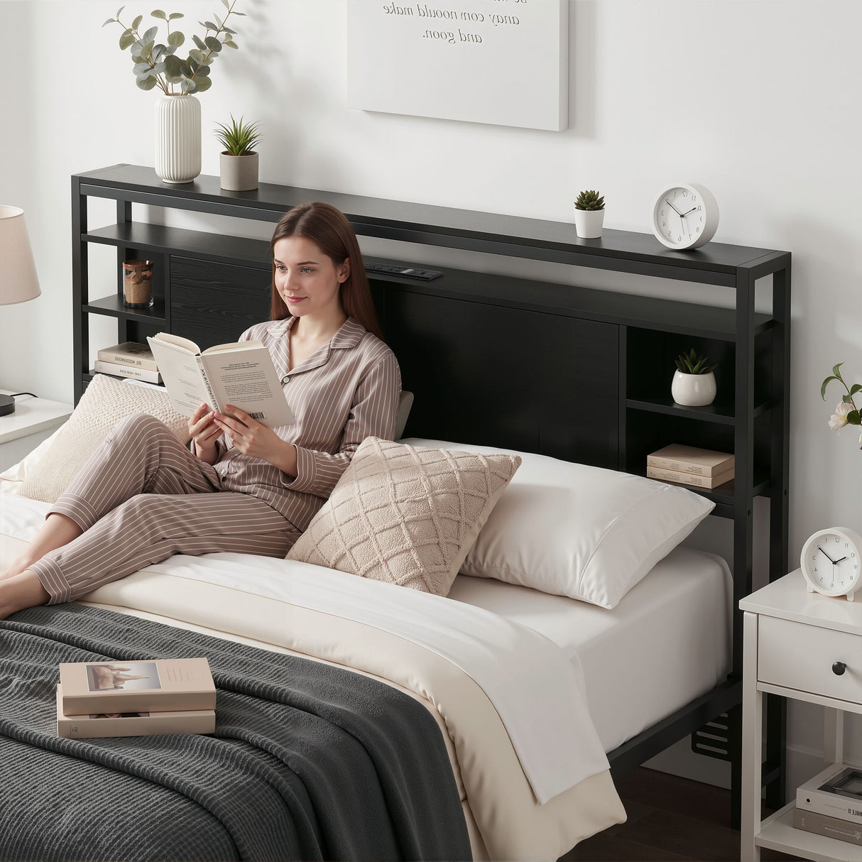 Artiss Bed Headboard Queen Storage Bedhead Charging Station Black