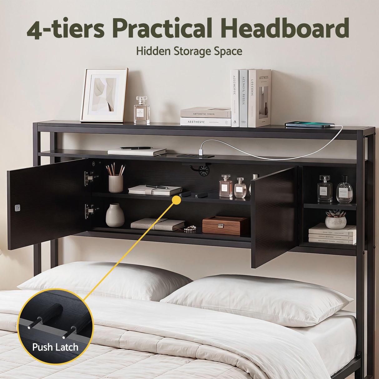 Artiss Bed Headboard Queen Storage Bedhead Charging Station Black
