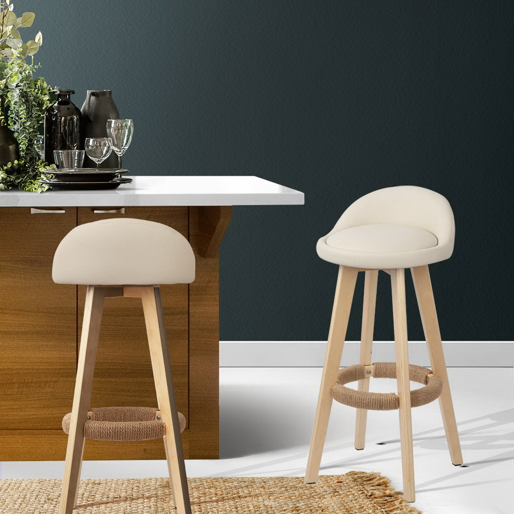 Artiss 2x Bar Stools Padded Leather Wooden Beige