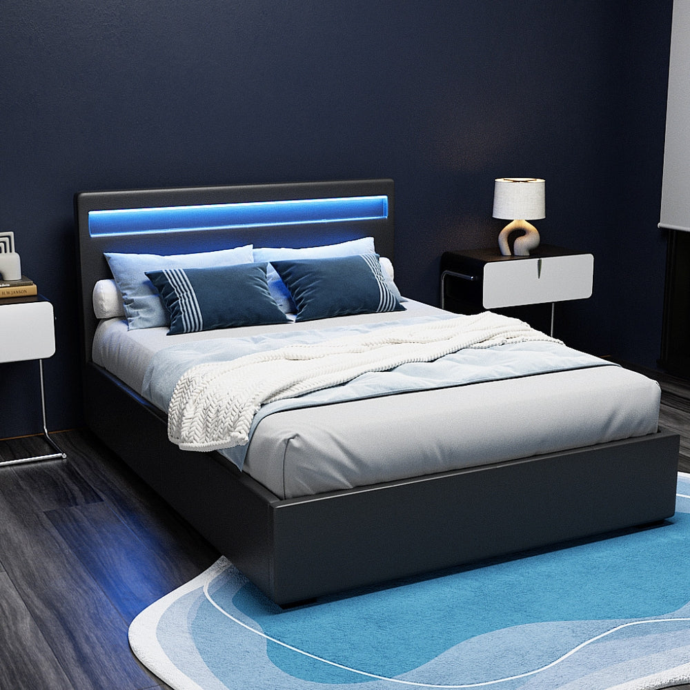 Aria Bed Frame Double Size LED Gas Lift Black COLE