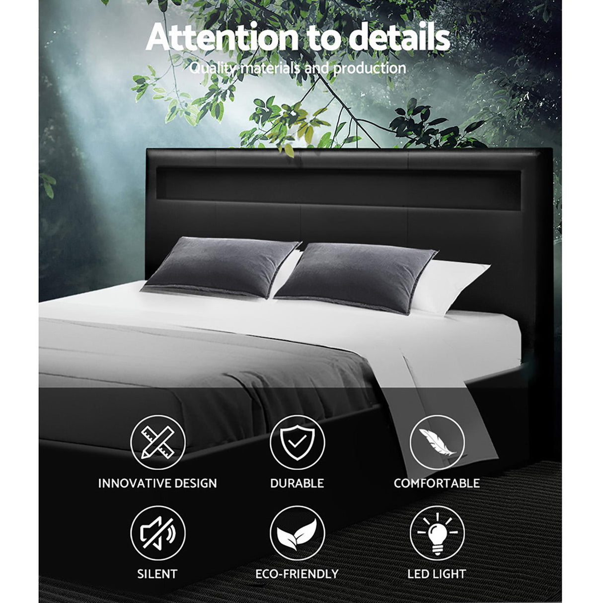 Aria Bed Frame Double Size LED Gas Lift Black COLE