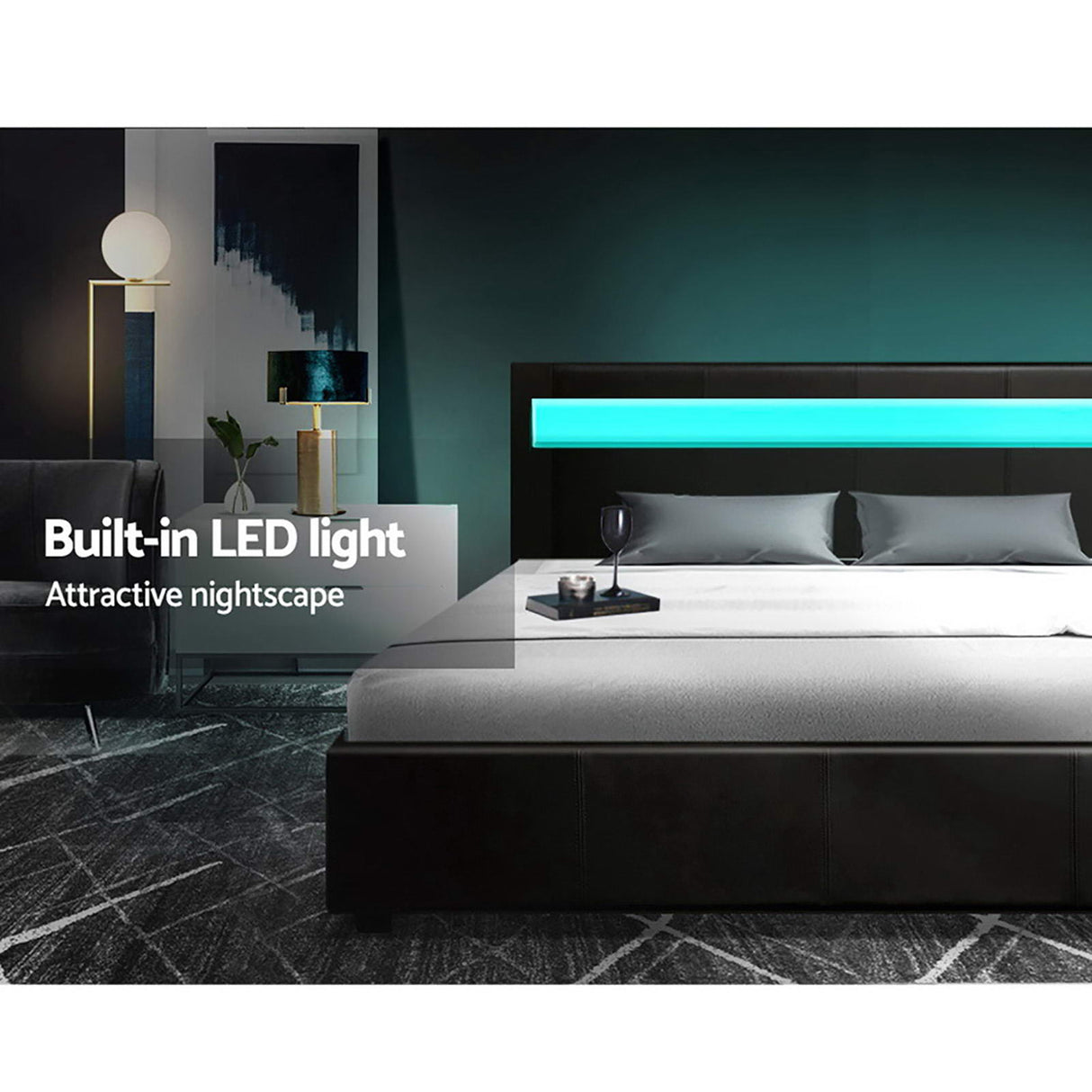 Aria Bed Frame Double Size LED Gas Lift Black COLE