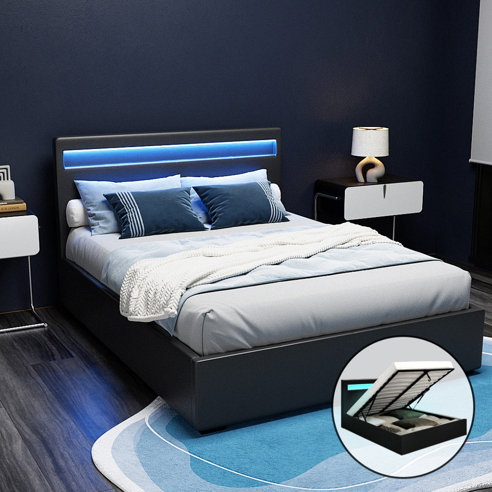 Aria Bed Frame Double Size LED Gas Lift Black COLE