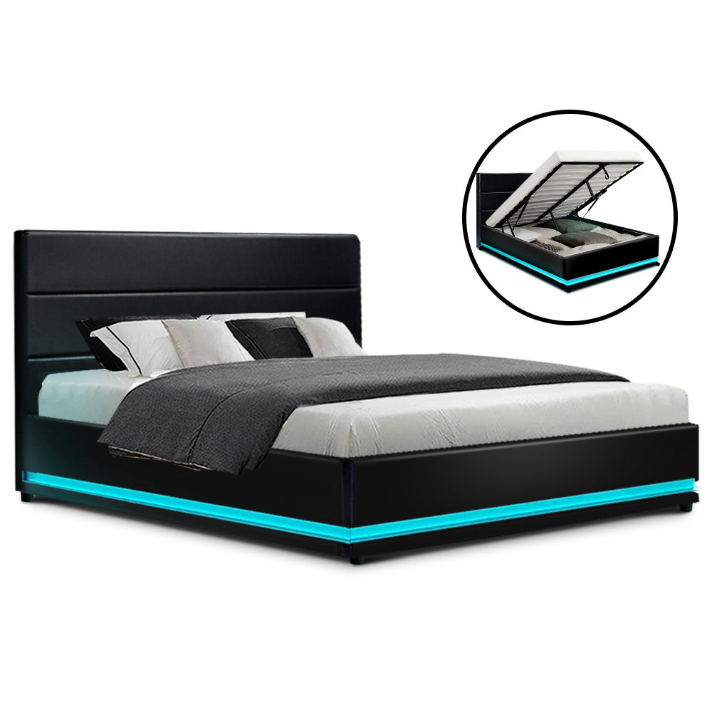 Aria Bed Frame Double Size LED Gas Lift Black LUMI