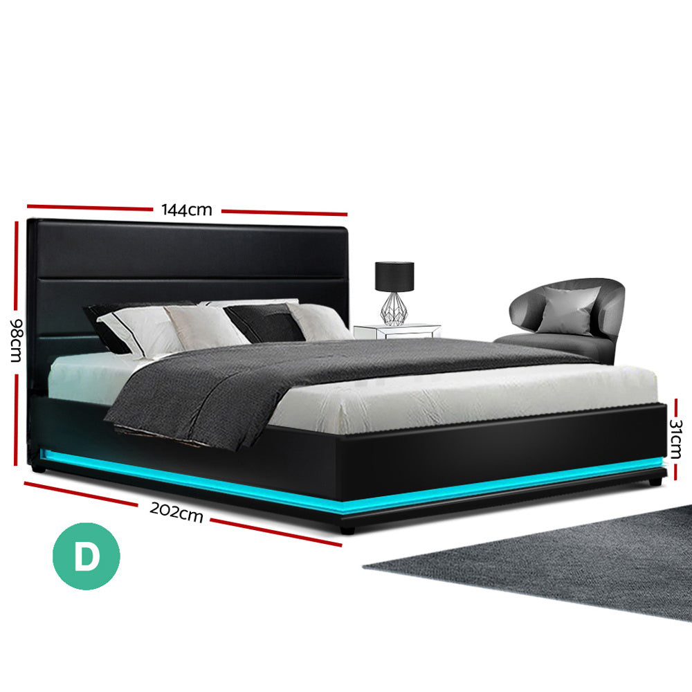 Aria Bed Frame Double Size LED Gas Lift Black LUMI
