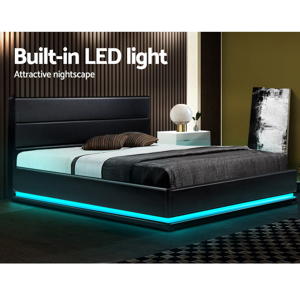 Aria Bed Frame Double Size LED Gas Lift Black LUMI