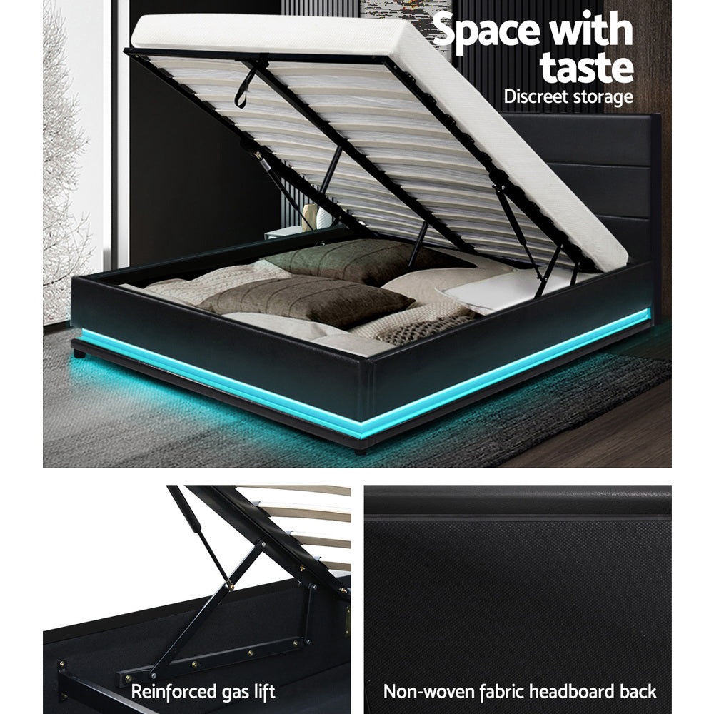 Aria Bed Frame Double Size LED Gas Lift Black LUMI