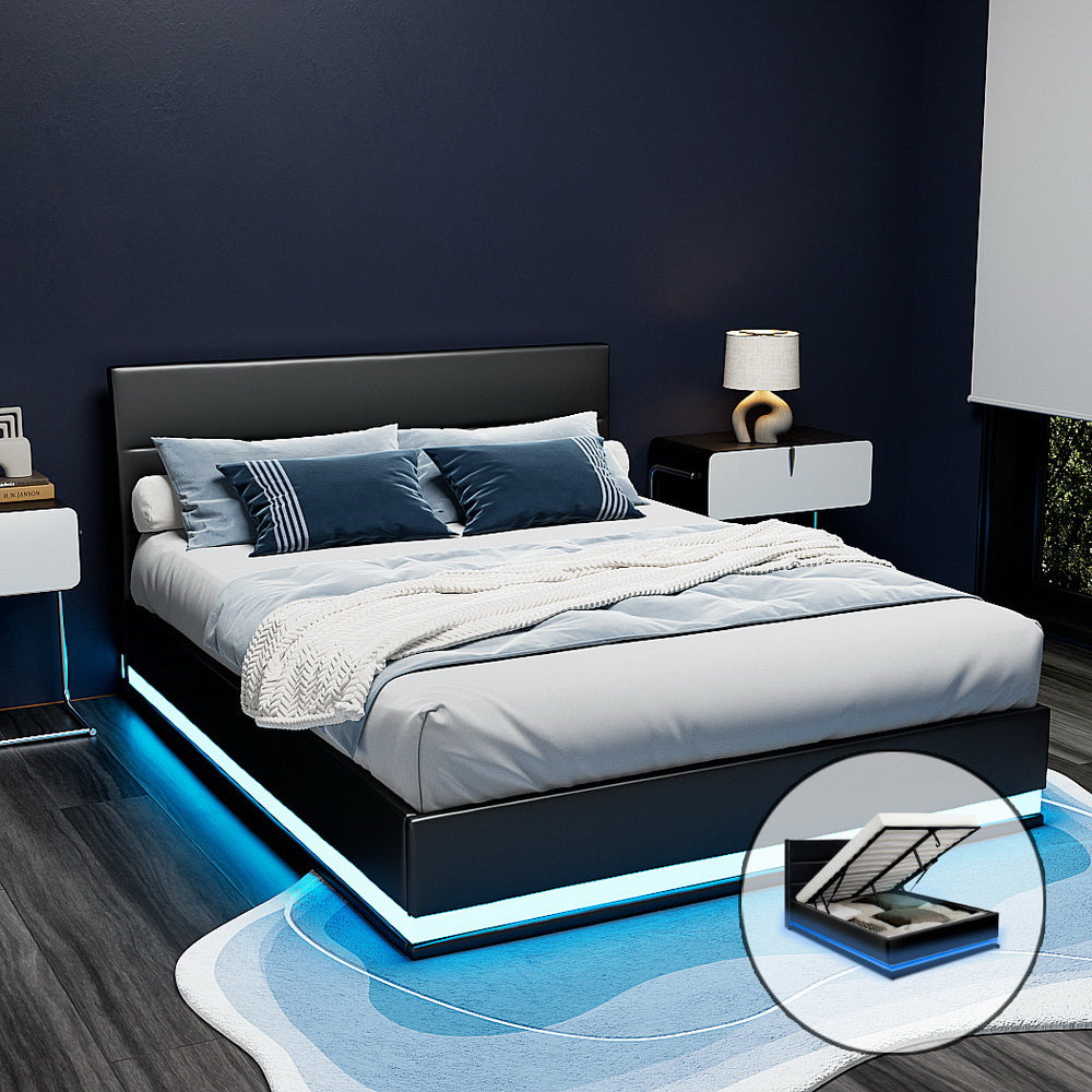 Aria Bed Frame Double Size LED Gas Lift Black LUMI