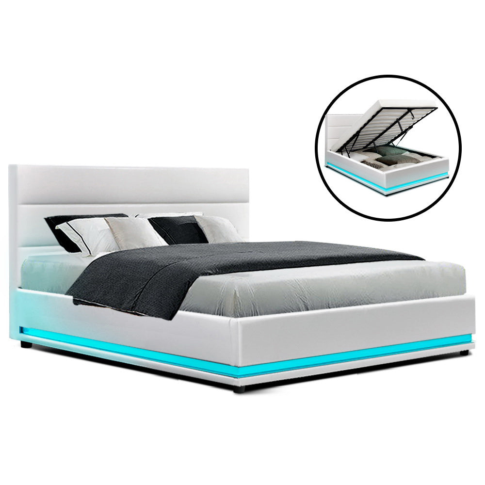 Bed Frame Double White Lumi LED Gas lift Bed Frame
