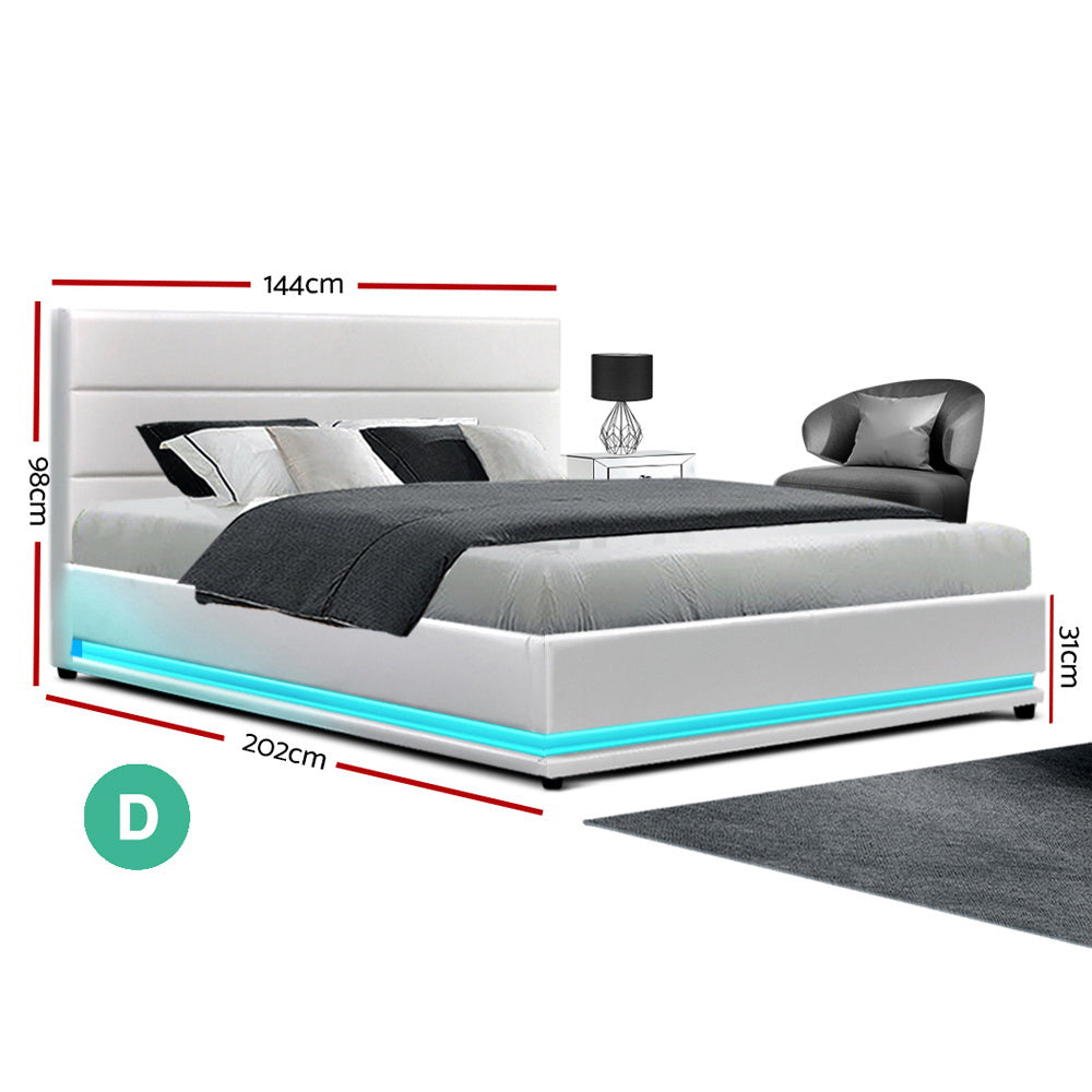 Bed Frame Double White Lumi LED Gas lift Bed Frame