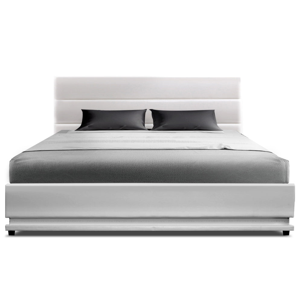 Bed Frame Double White Lumi LED Gas lift Bed Frame