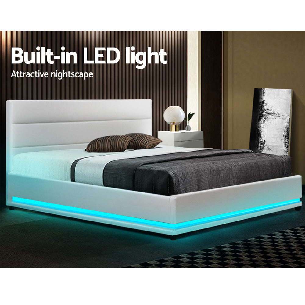 Bed Frame Double White Lumi LED Gas lift Bed Frame
