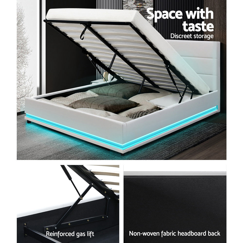 Bed Frame Double White Lumi LED Gas lift Bed Frame