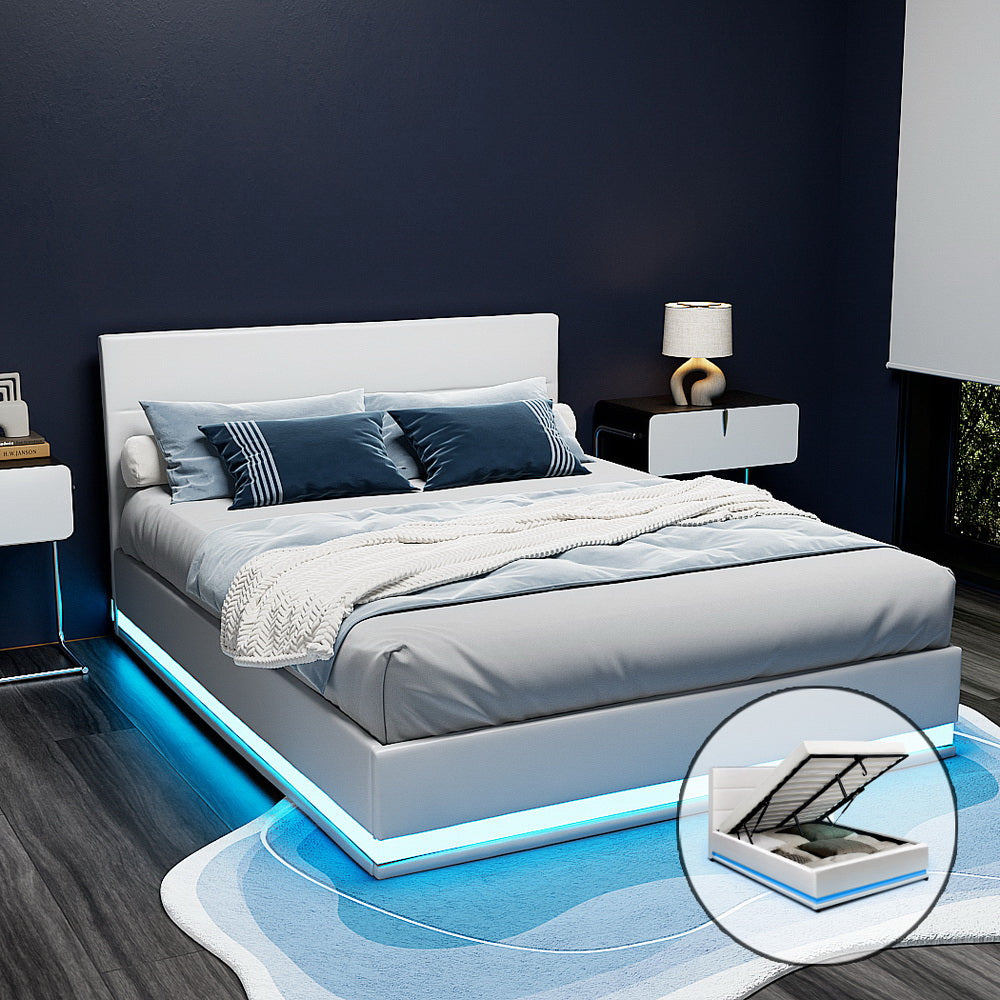 Bed Frame Double White Lumi LED Gas lift Bed Frame