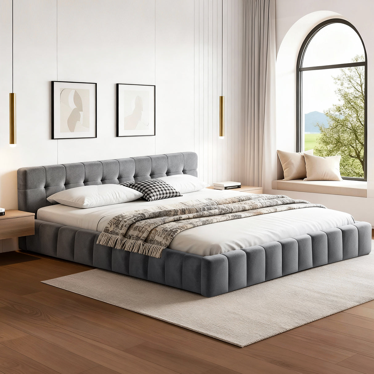 Artiss King Size Bed Frame Plush Soft Headboard Velvet Platform Base for Modern Bedrooms Grey
