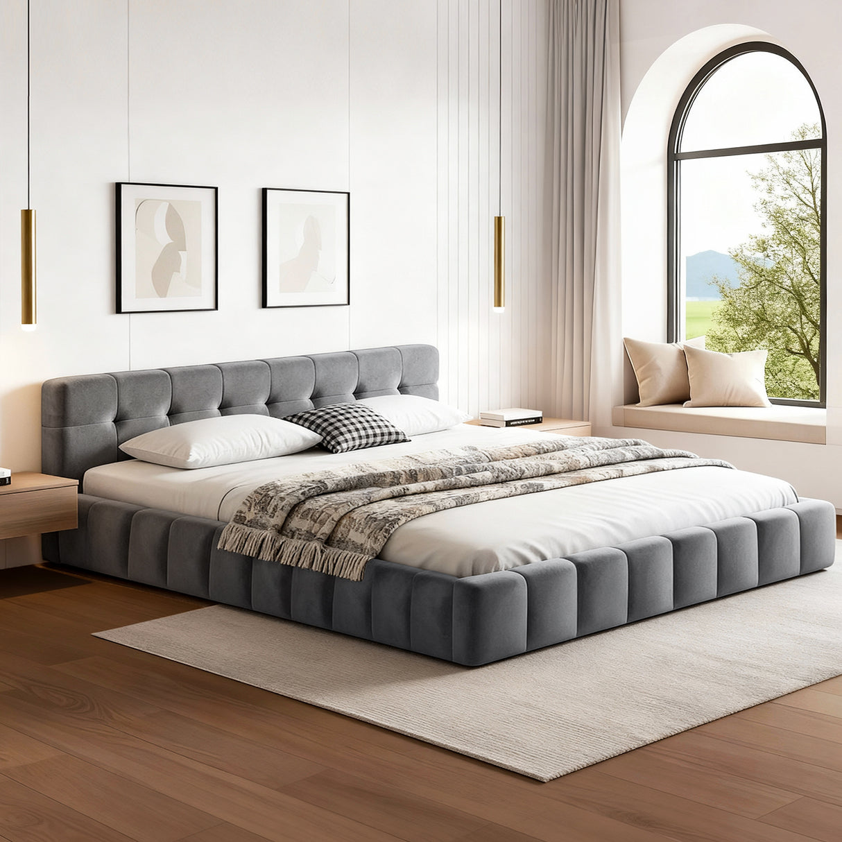 Artiss Queen Size Bed Frame Plush Soft Headboard Velvet Platform Base for Modern Bedrooms Grey