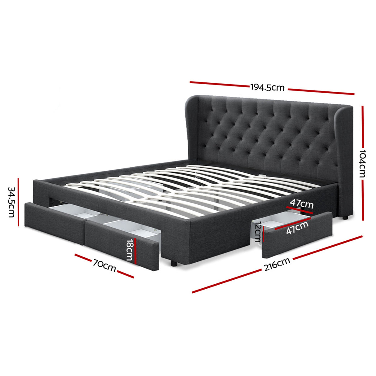 Ember Bed Frame King Size with 4 Drawers Charcoal MILA