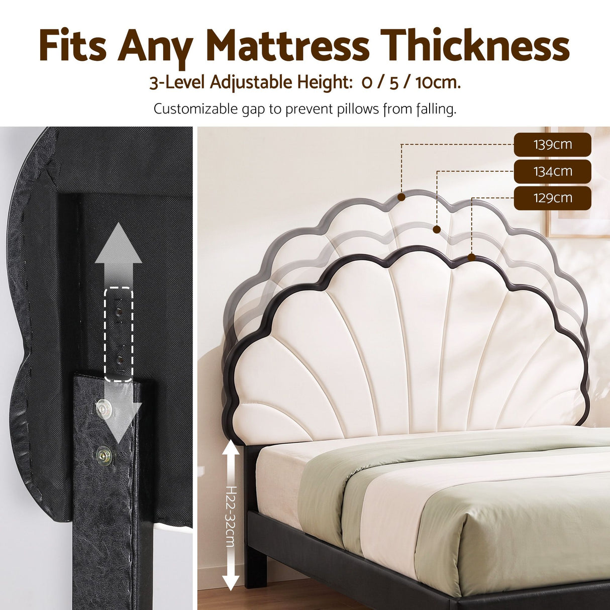 Artiss Double Bed Frame with Adjustable Shell Headboard and PVC Upholstery