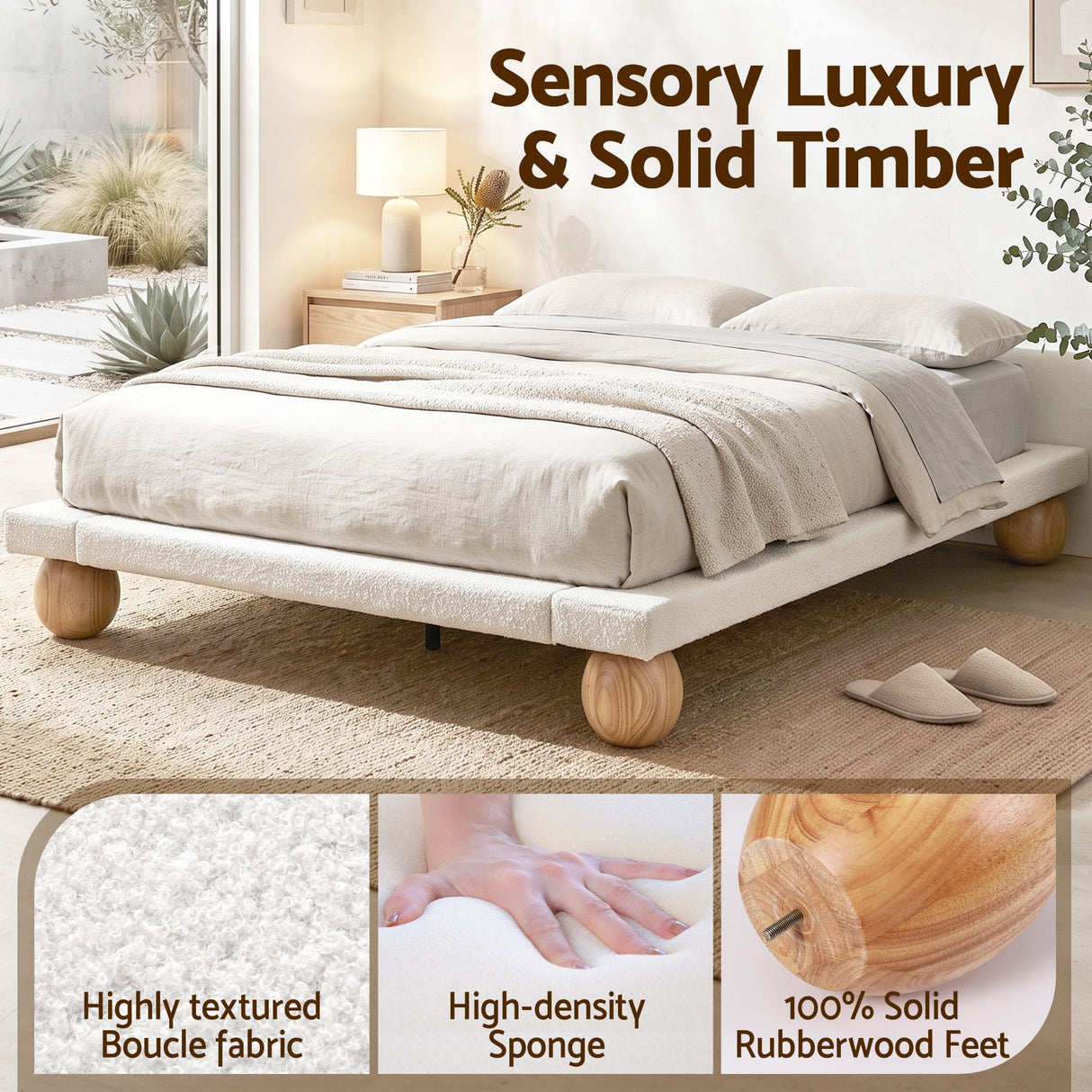 Artiss Queen Bed Frame with Boucle Upholstery and Solid Rubber Wood Legs