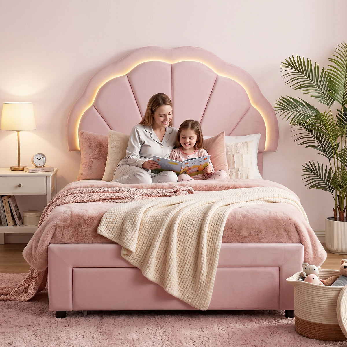 Artiss King Single Bed Frame with 1 Storage Drawers Upholstered Velvet Platform Bed LED Headboard Pink