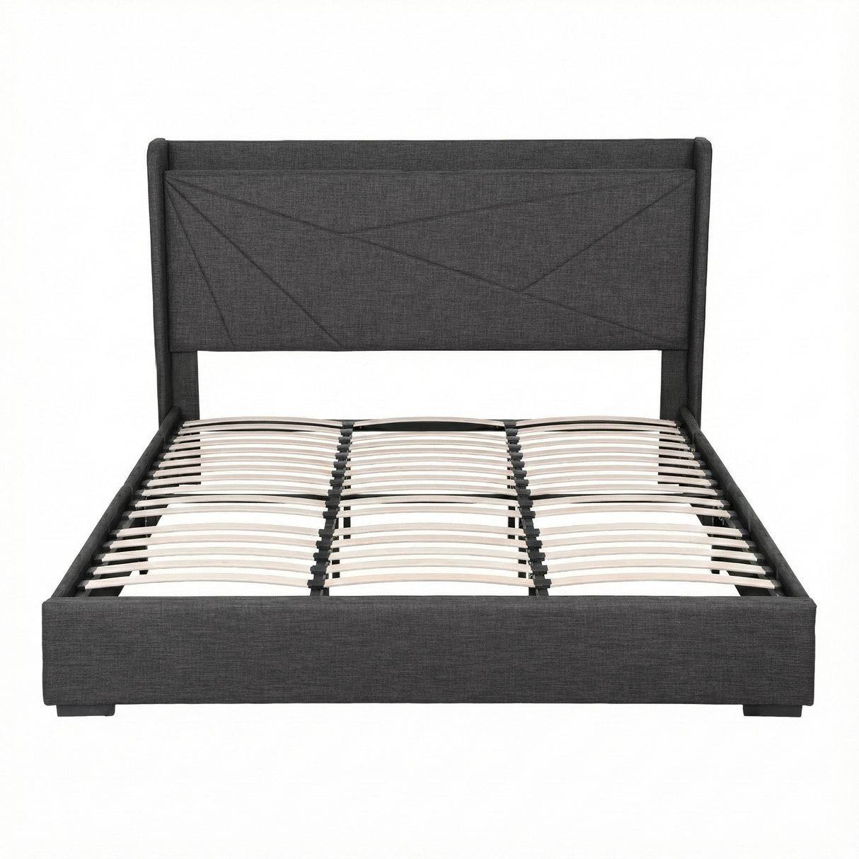 Artiss King Bed Frame Gas Lift Storage Bed with Charging Ports Upholstered Geometric Headboard Charcoal Grey