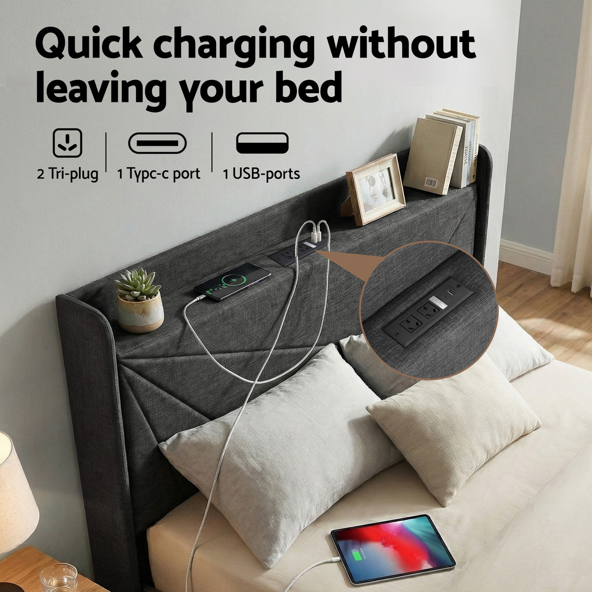 Artiss Queen Bed Frame Gas Lift Storage Bed with Charging Ports Upholstered Geometric Headboard Charcoal Grey