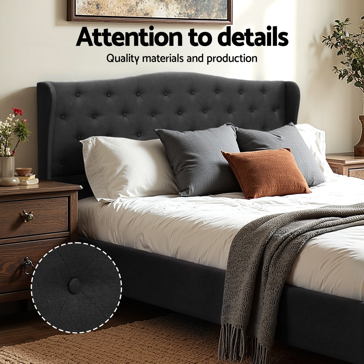 Artiss King Bed Frame Wingback Headboard Charcoal Grey Linen Upholstered Platform Bed Base