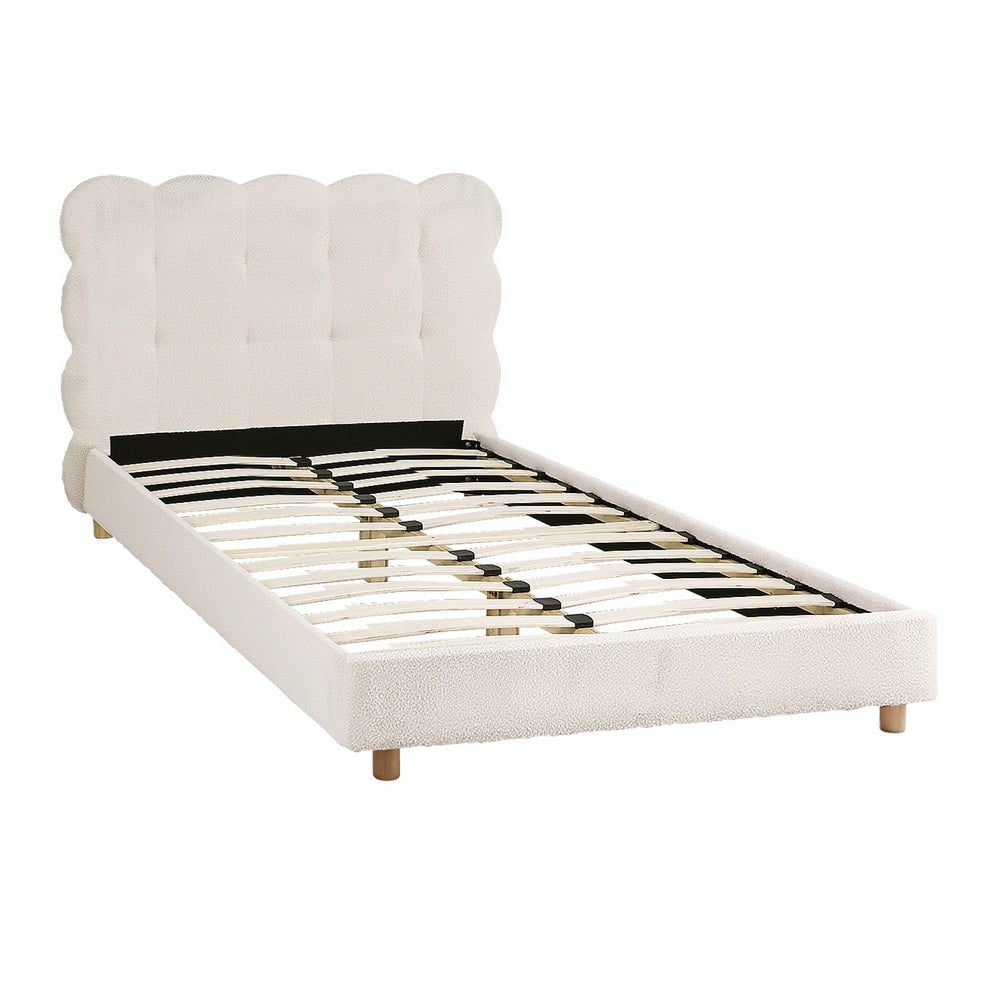King Single Bed Frame Cloud Headboard Boucle Fabric White