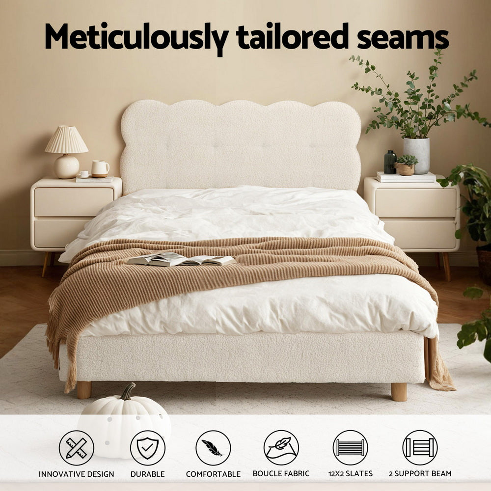 King Single Bed Frame Cloud Headboard Boucle Fabric White