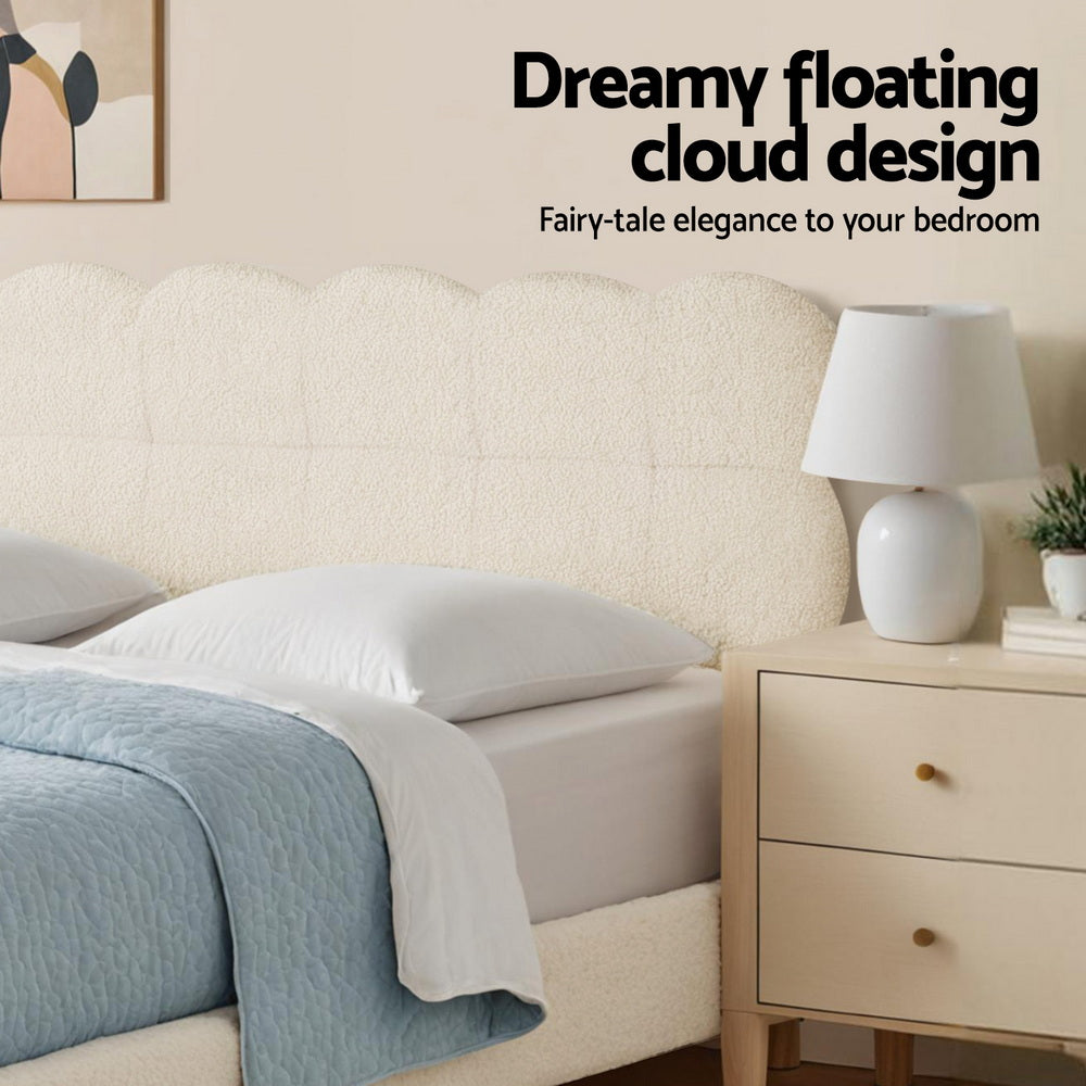 King Single Bed Frame Cloud Headboard Boucle Fabric White