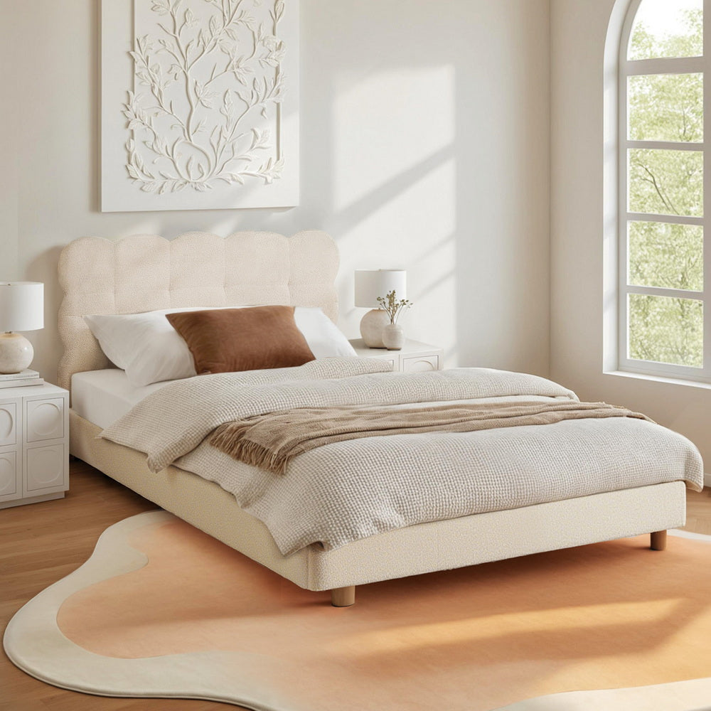 King Single Bed Frame Cloud Headboard Boucle Fabric White