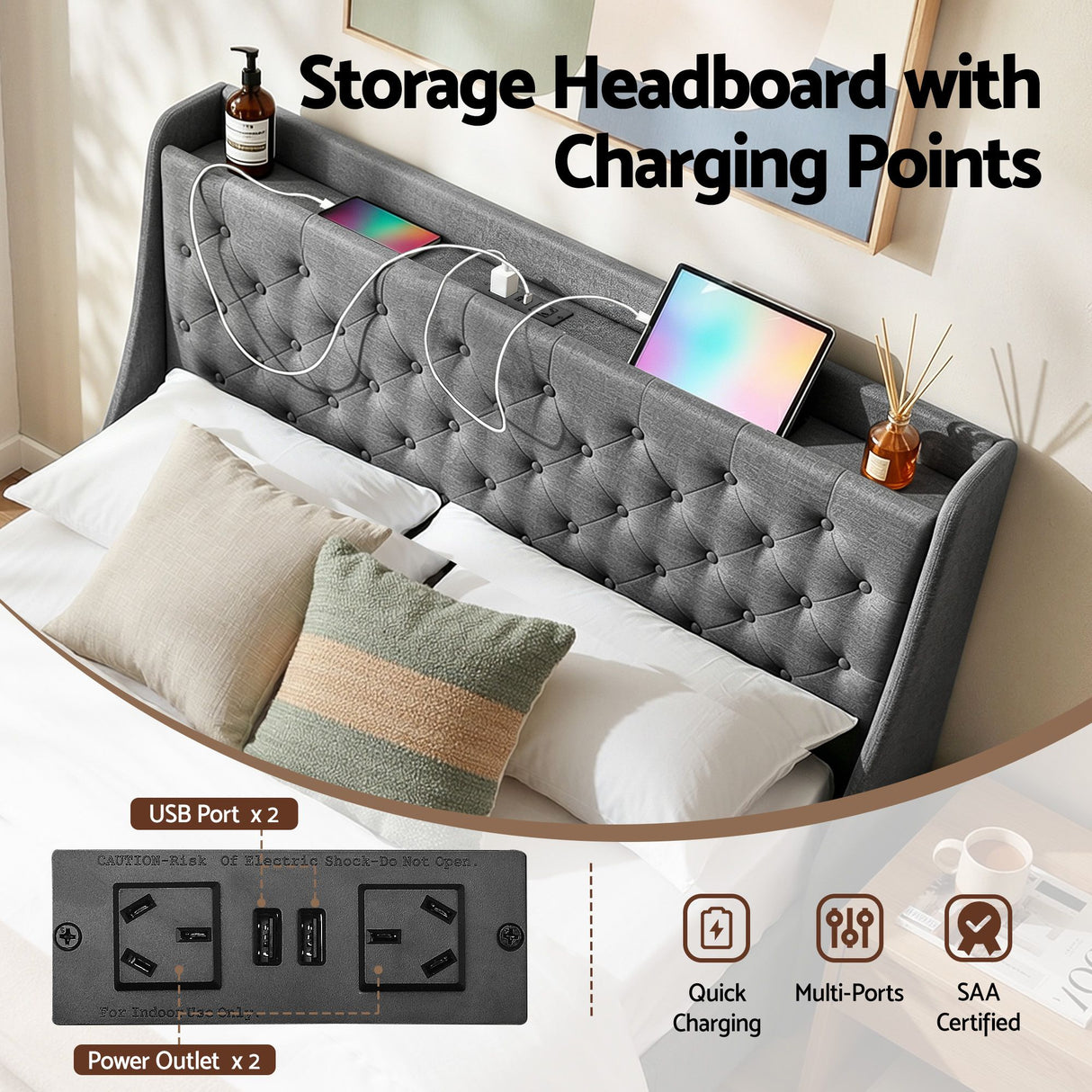 Artiss Double Bed Frame with 4 Storage Drawers and Charging Station Tufted Wingback Headboard 300kg Loads Charcoal Grey
