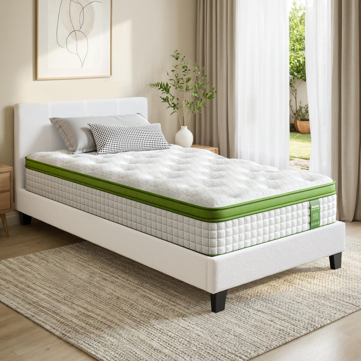 Artiss Single Bed Frame with Hybrid Mattress Set 30cm Medium Firm Platform Headboard Boucle Upholstered Pocket Coil for Pressure Relief